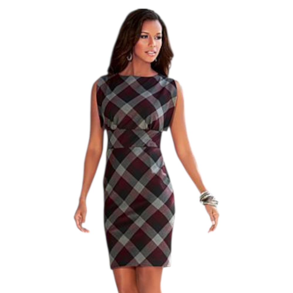 Venus Plaid Dress Size 14 Slim Fit Black Plum Gray